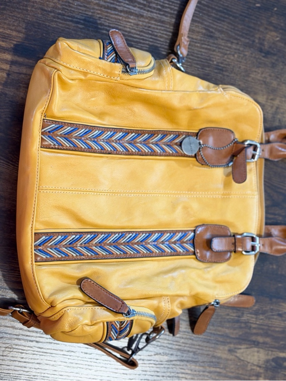 Big Buddha Yellow Crossbody Bag with Brown Trim and Multicolor Braided Accents